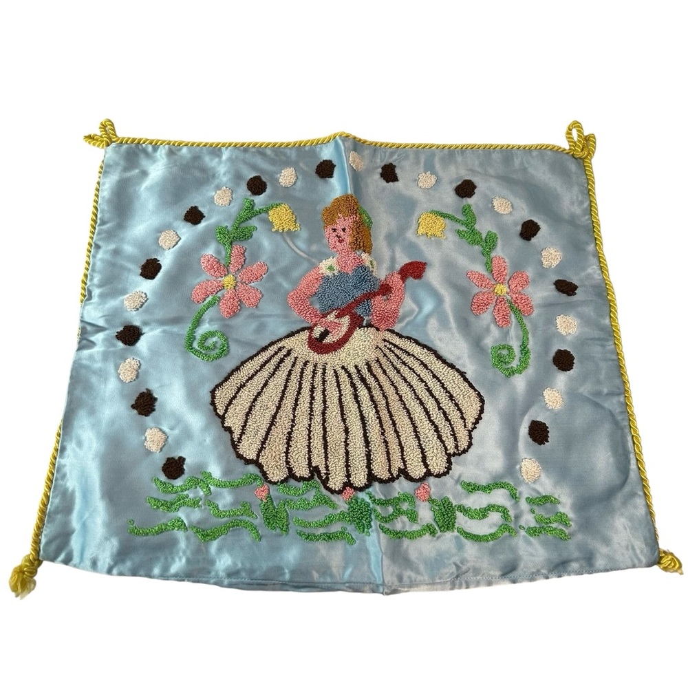 Vintage Satin & Chenille Embroidered Boudoir Pillow Sham Girl Playing Guitar 20”